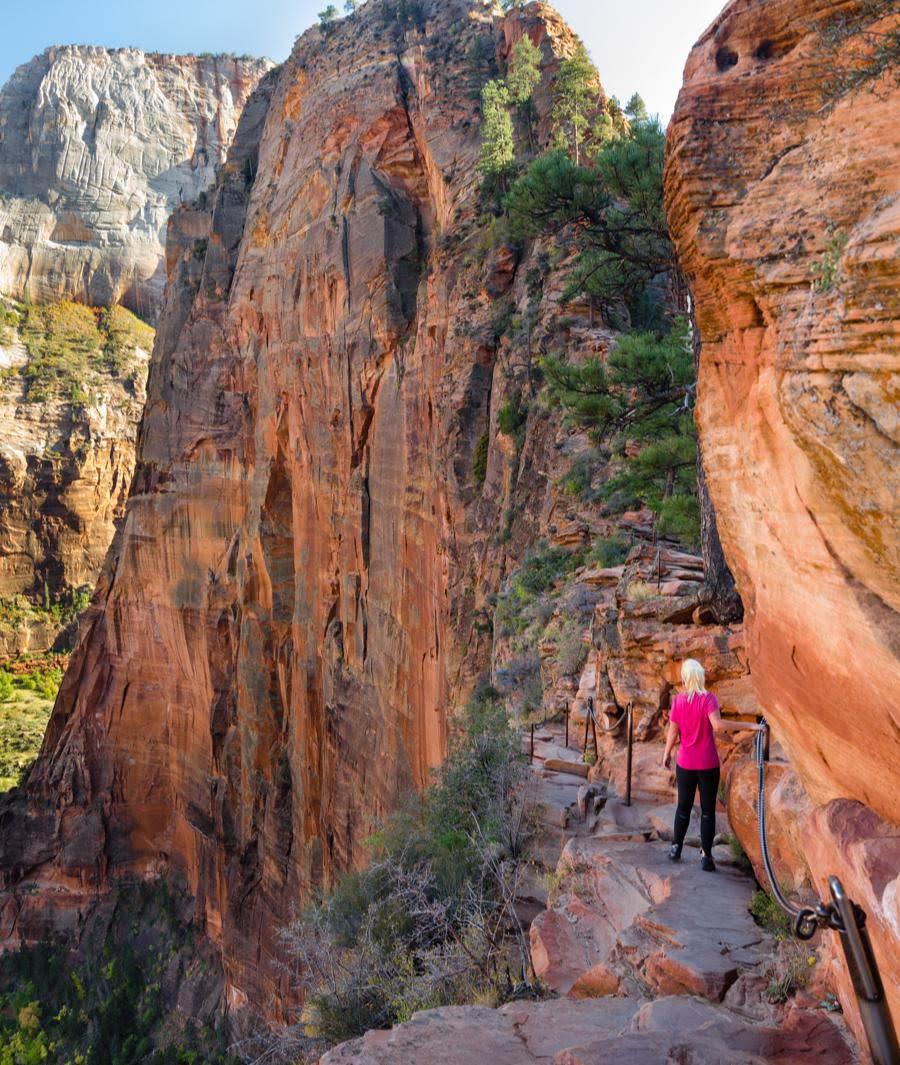  imagem de uma pessoa andando por um caminho entre as pedras do zion park