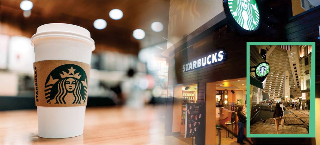 imagem do copo do starbucks junto com a fachada no luxor hotel