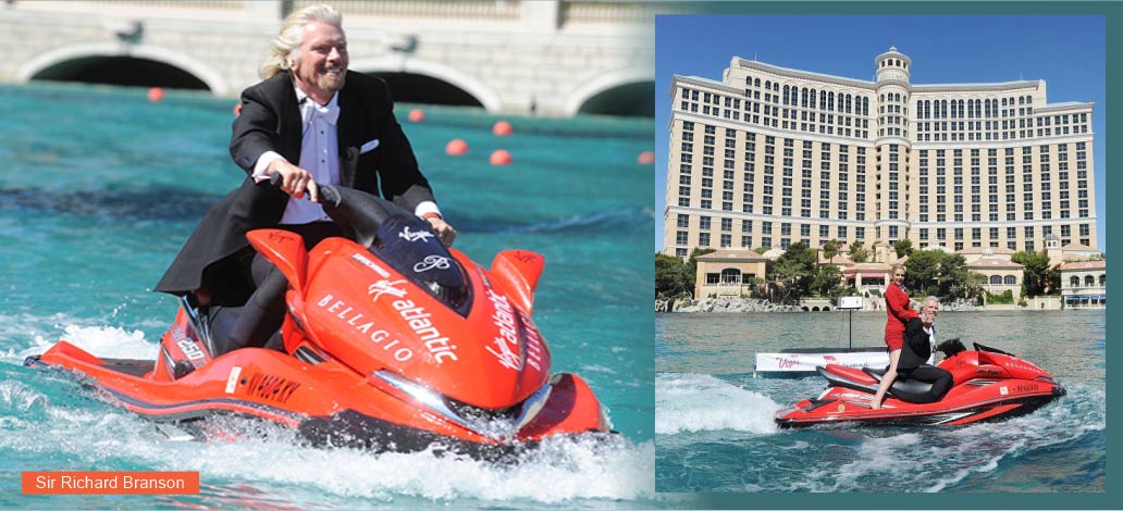 imagem de richard branson dando uma volta de jet ski nas águas do logo do bellagio